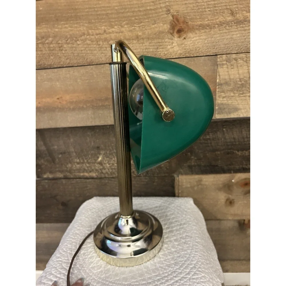 Vintage Brass Bankers Desk Library Students Lamp Emerald Green Glass Shade